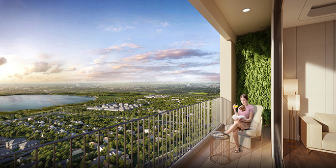 Các căn hộ tháp Green Topaz thuộc Bcons City có tầm nhìn bao quát mảng xanh và hồ nước rộng hơn 600 ha của khu Đại học Quốc gia Tp.HCM