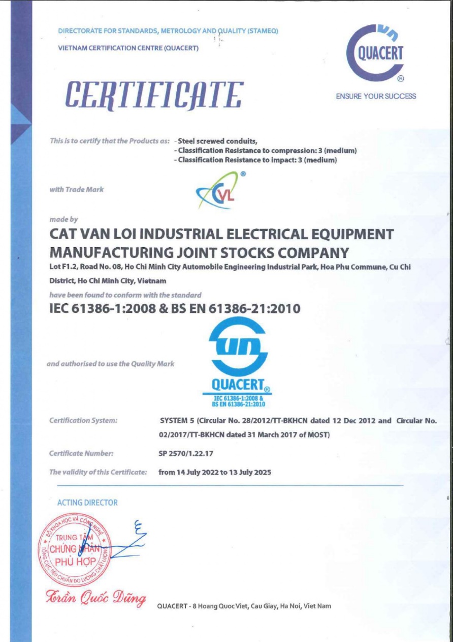 Ống thép luồn dây điện ren CVL đạt chứng nhận hợp chuẩn IEC 61386