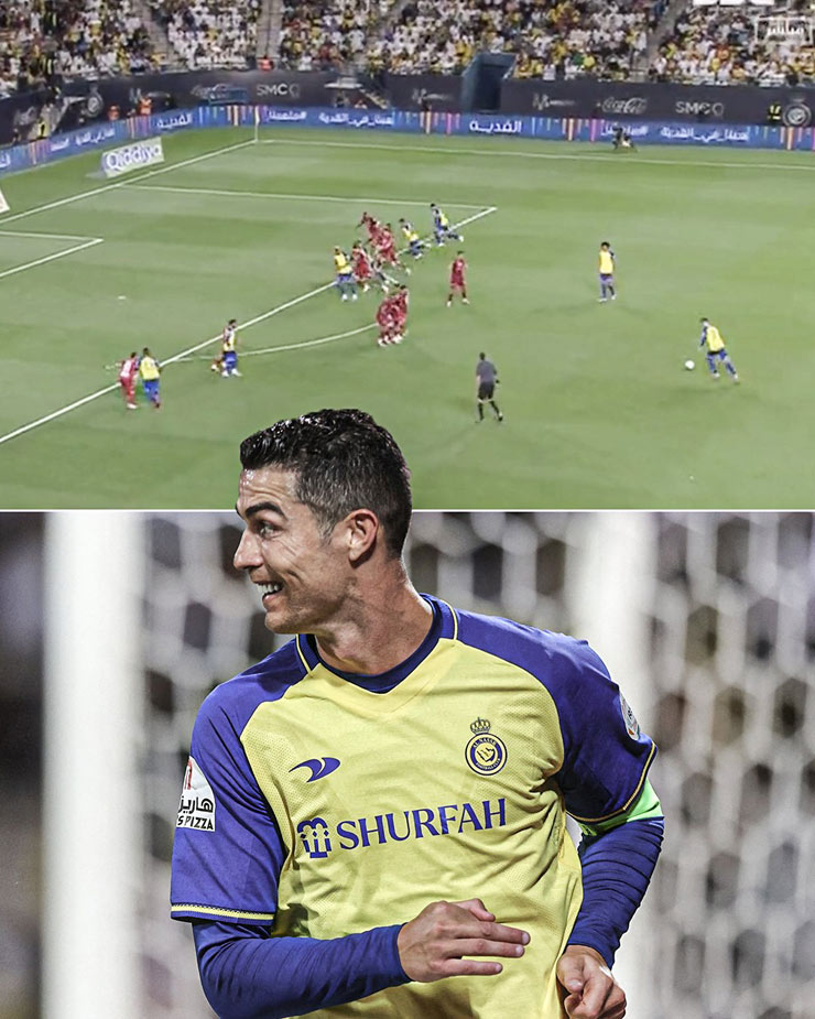Ronaldo lập siêu phẩm sút phạt tầm thấp ở khoảng cách 30m để gỡ hòa 1-1 cho Al Nassr vào lưới Abha