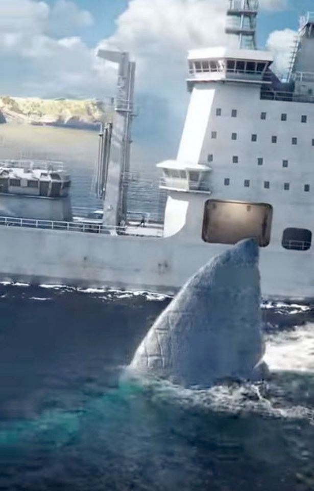 Siêu cá mập Megalodon tiếp cận con tàu.