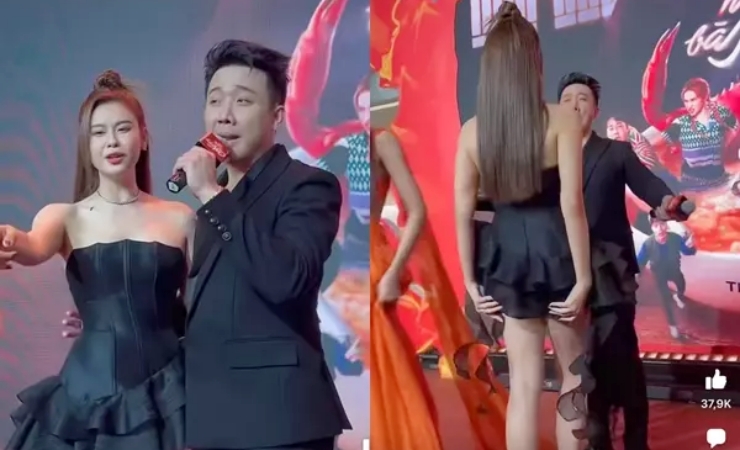 Tham gia một sự kiện giải trí, Trương Quỳnh Anh khéo dùng tay che tà váy để tránh tình huống nhạy cảm trước ống kính máy quay.&nbsp;
