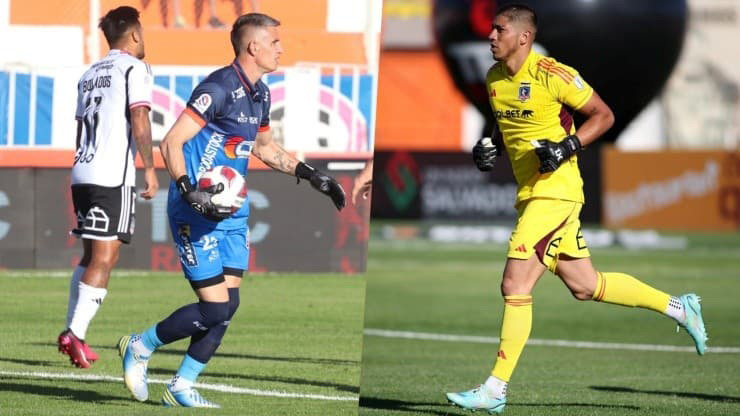 Thủ môn Leandro Requena (Cobresal, áo xanh) ghi bàn vào lưới của đồng nghiệp&nbsp;Brayan Cortes Fernandez (Colo Colo) theo cách rất khó tin