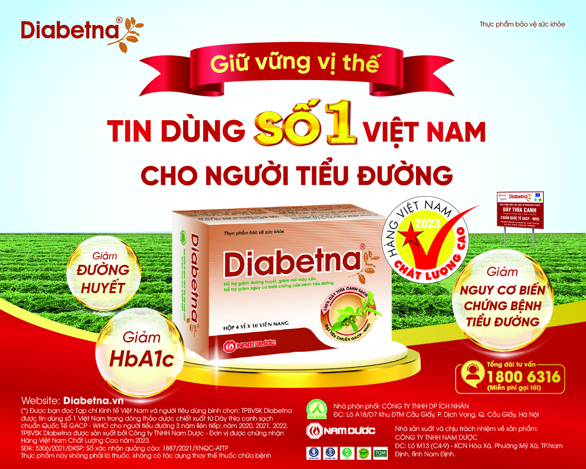TPBVSK Diabetna được sản xuất bởi Công ty TNHH Nam Dược - Đơn vị được chứng nhận Hàng Việt Nam Chất Lượng Cao (năm 2023)