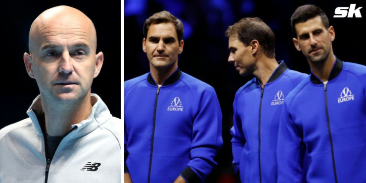 Ljubicic (áo trắng) cho rằng tầm ảnh hưởng của Federer với thế giới tennis lớn hơn so với Djokovic, Nadal