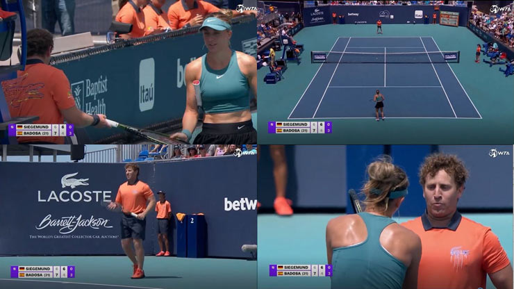 "Sharapova mới" Paula Badosa đánh tennis với một chú bé nhặt bóng trong lúc đối thủ Laura Siegemund điều trị chấn thương