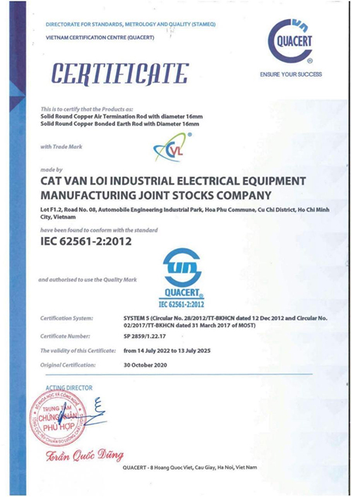 Cọc tiếp địa và kim thu sét CVL đạt chứng nhận hợp chuẩn IEC 62561