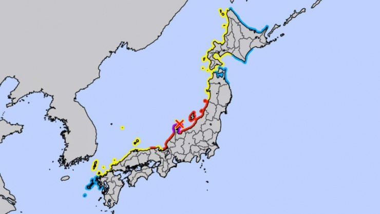 Cơ quan khí tượng Nhật đã ban bố cảnh báo sóng thần ở các tỉnh dọc bờ biển Nhật Bản sau trận động đất ngày 1-1. Ảnh: CƠ QUAN KHÍ TƯỢNG NHẬT