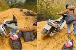 Bạn trẻ - Cuộc sống - Nghẹn ngào hình ảnh cô giáo cắm bản ngã sõng soài trên đường ngập bùn đất khi "gánh chữ lên non"