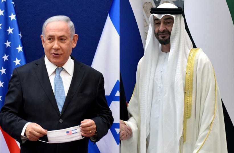 Thủ tướng Israel Benjamin&nbsp;Netanyahu (trái) và&nbsp;Tổng thống UAE kiêm tiểu vương Abu Dhabi,&nbsp;Mohammed bin Zayed.