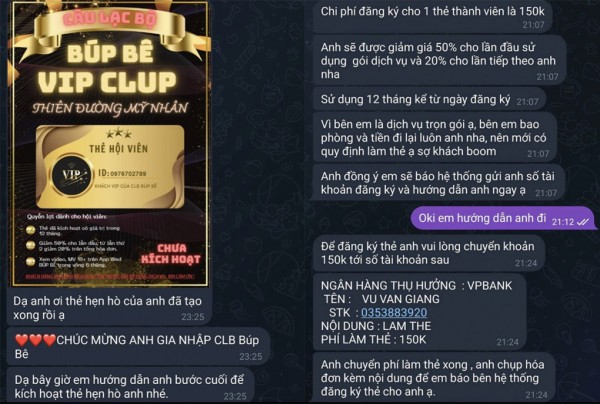Các đối tượng nhắn tin dẫn dụ "con mồi" chuyển khoản.