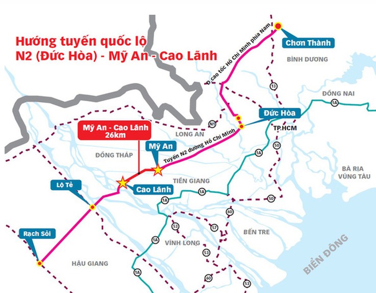 Hướng đi của tuyến cao tốc Mỹ An - Cao Lãnh. Ảnh: Ban quản lý dự án Mỹ Thuận