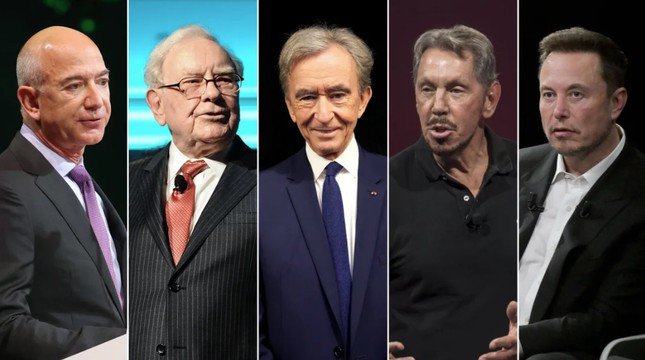 (Từ trái qua) Các tỷ phú Jeff Bezos, Warren Buffett, Bernard Arnault, Larry Ellison và Elon Musk. (Ảnh: CNN)