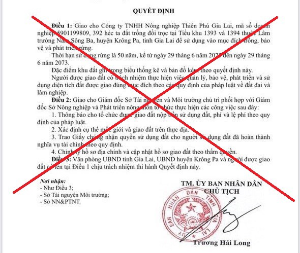 Văn bản giả mạo có con dấu của UBND tỉnh và chữ ký của Chủ tịch UBND tỉnh Gia Lai