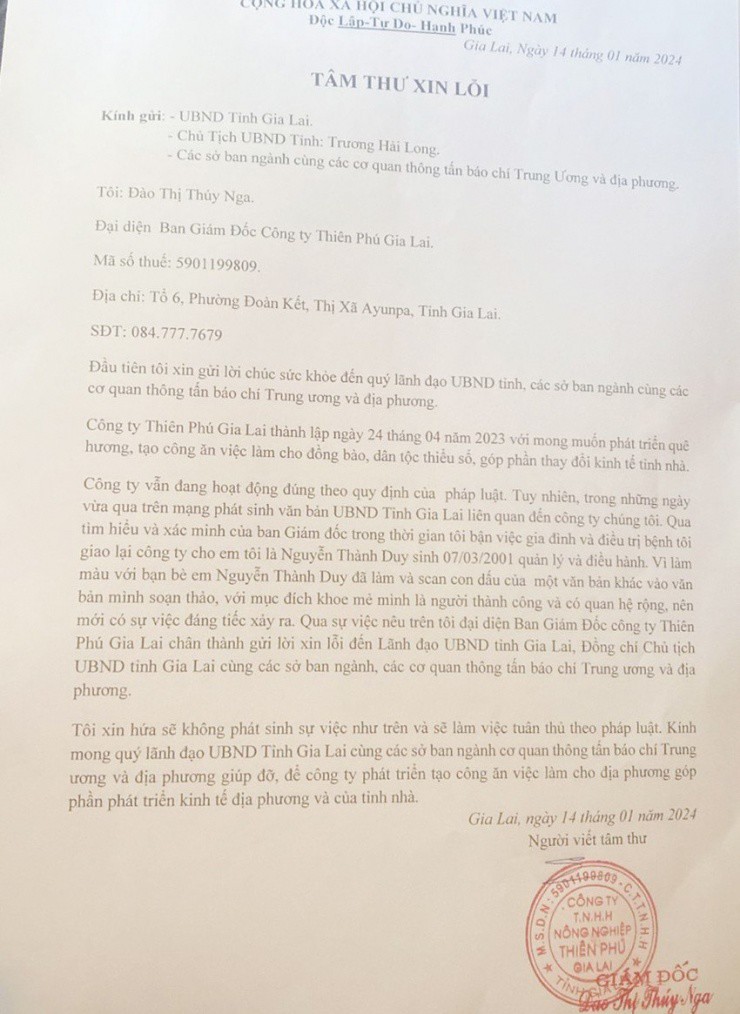 Tâm thư xin lỗi của Công ty TNHH Nông nghiệp Thiên Phú Gia Lai. Ảnh: LK.