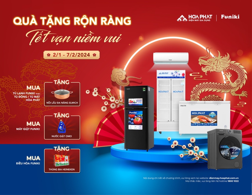 Chương trình khuyến mại Tết tưng bừng của Điện lạnh Hoà Phát áp dụng trên toàn quốc đến hết ngày 07/02/2024, giúp các gia đình vui Tết tiết kiệm mà vẫn trọn vẹn niềm vui. Chi tiết tại đây