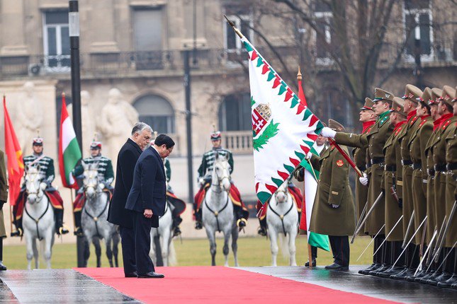 Hai Thủ tướng Việt Nam và Hungary chào quốc kỳ. Ảnh: Đoàn Bắc.