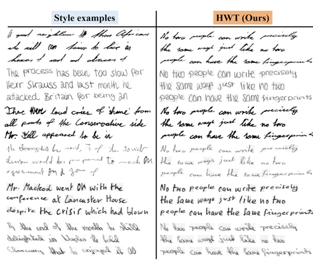 Công cụ AI HWT tạo ra những văn bản viết tay nhái theo những nét chữ viết của 6 người khác nhau (cột trái). Ảnh: MBZUAI.