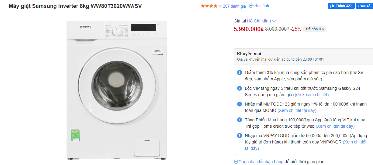 Máy giặt Samsung Inverter 8kg WW80T3020WW.