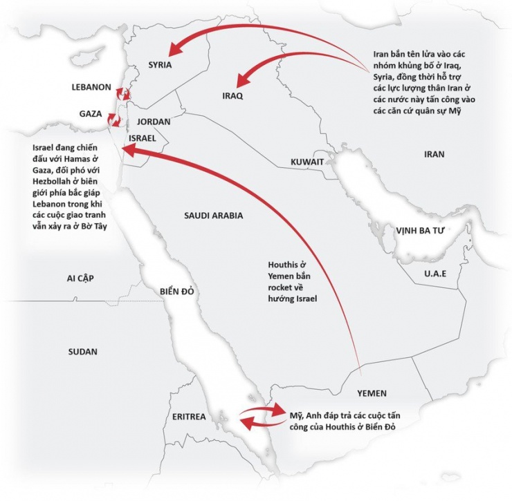 Toàn cảnh xung đột Trung Đông kể từ khi Hamas tấn công Israel ngày 7-10-2023. Nguồn: WSJ