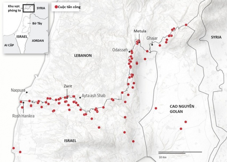 Đụng độ ở biên giới Israel-Lebanon từ ngày 20-12-2023 đến 18-11-2024. Nguồn: WSJ