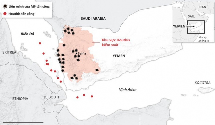 Houthis tấn công tàu hàng trên Biển Đỏ và các cuộc tấn công trả đũa của liên minh do Mỹ dẫn đầu tính đến ngày 18-1. Nguồn: WSJ