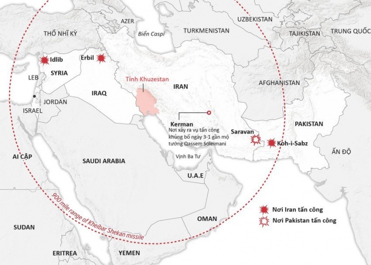 Iran tấn công khủng bố ở lãnh thổ 3 nước láng giếng là Pakistan, Iraq, Syria. (Vòng tròn màu đỏ là tầm bắn của tên lửa tiên tiến Kheibar Shekan mà Iran dùng trong các cuộc tấn công). Nguồn: WSJ