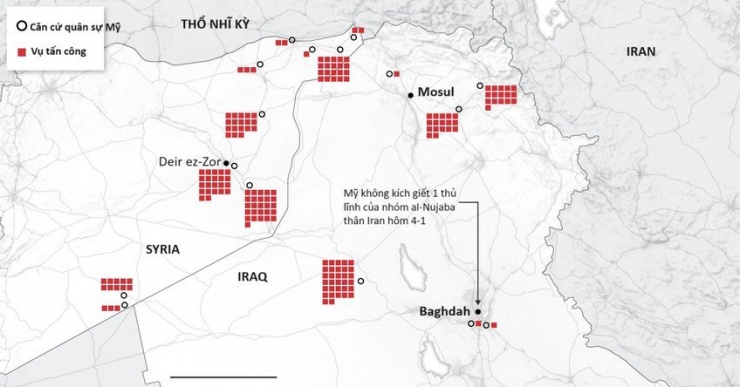 Số lượng các cuộc tấn công của các nhóm thân Iran nhằm vào căn cứ quân sự Mỹ ở Syria, Iraq tính đến ngày 18-1. Nguồn: WSJ