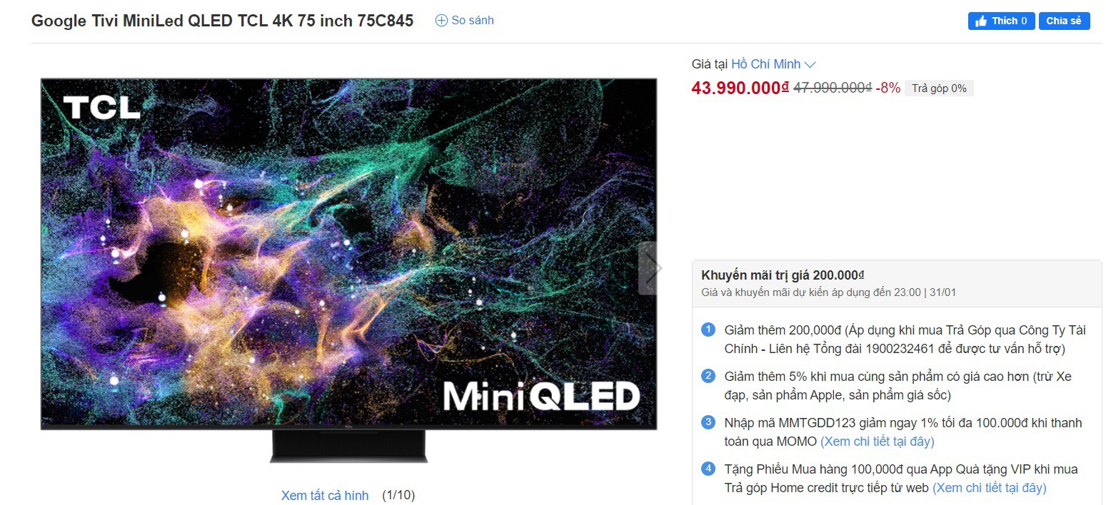 Google Tivi MiniLed QLED TCL 4K 75 inch 75C845.