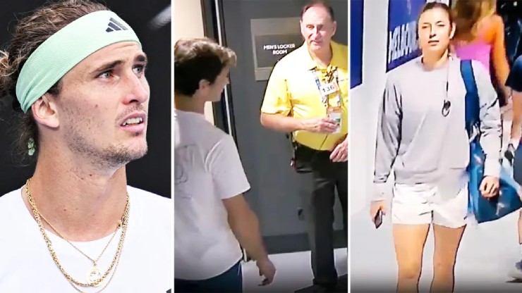 Zverev (trái) bức xúc vì bị nhân viên an ninh chặn đường, điều mà Federer, Sharapova từng gặp phải