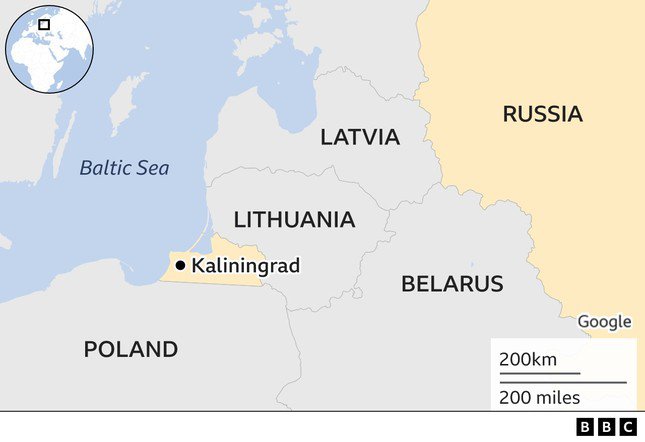 Vùng Kaliningrad nằm tách biệt với Nga, giáp Ba Lan và Litva - đều là thành viên NATO. Bản đồ: BBC