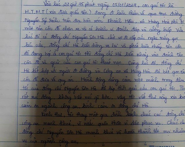 Trích lá thư của mẹ nạn nhân gửi cảm ơn Đại úy Nguyễn Sơn Hà và lực lượng công an.