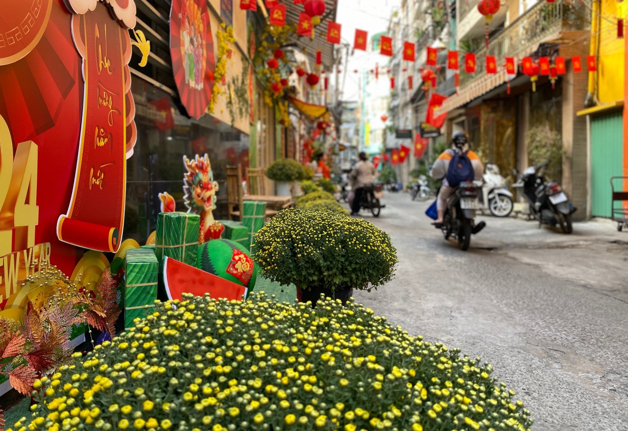 Những chậu hoa cúc tươi rói tô điểm thêm cho con hẻm thêm rực rỡ và đầy sức sống. Những người dân trong hẻm sẽ thay phiên nhau chăm sóc hoa tại đây