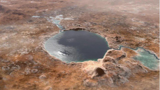 Jezero Crater ngập đầy nước và sự sống trong quá khứ hơn 3 tỉ năm trước - Ảnh đồ họa: NASA