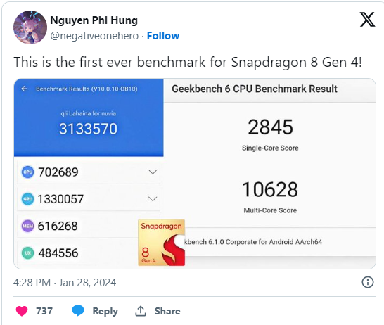 Điểm hiệu năng của chip Snapdragon 8 Gen 4 quá ấn tượng.