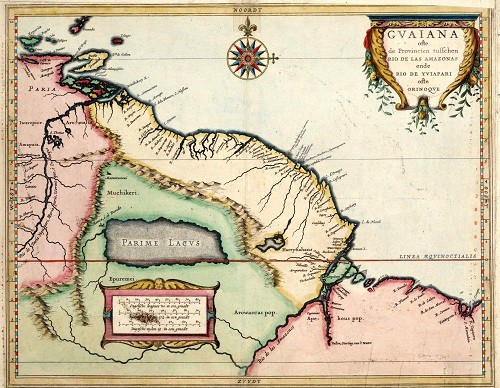 Bản đồ vẽ năm 1652 với phần màu xám thể hiện khu vực được cho là vị trí của El Dorado.