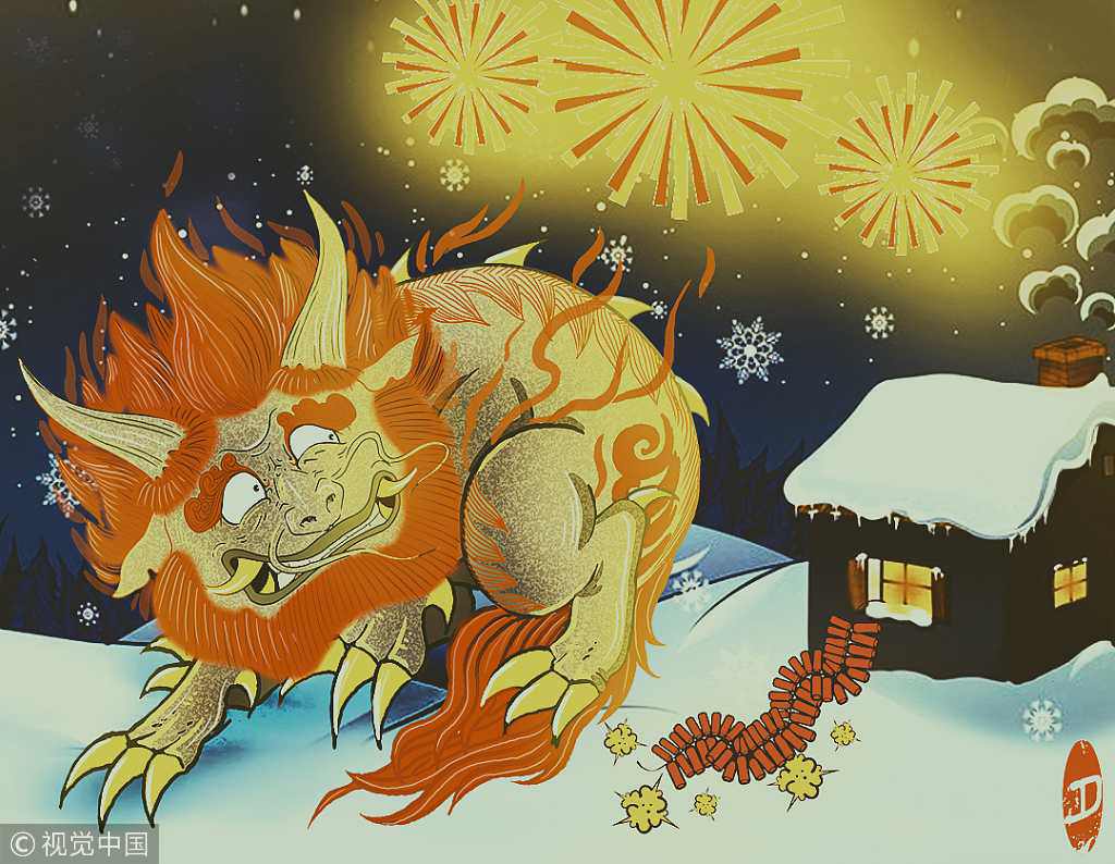 Theo quan niệm ở Trung Quốc, tục đốt pháo và mặc quần áo đỏ trong năm mới nhằm xua đuổi quái thú Nian.