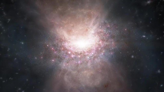 Chuẩn tinh J2054-0005 tỏa sáng rực rỡ trong vũ trụ sơ khai và đang "tàn sát" một thiên hà - Ảnh: ALMA/ESO/NAOJ/NRAO