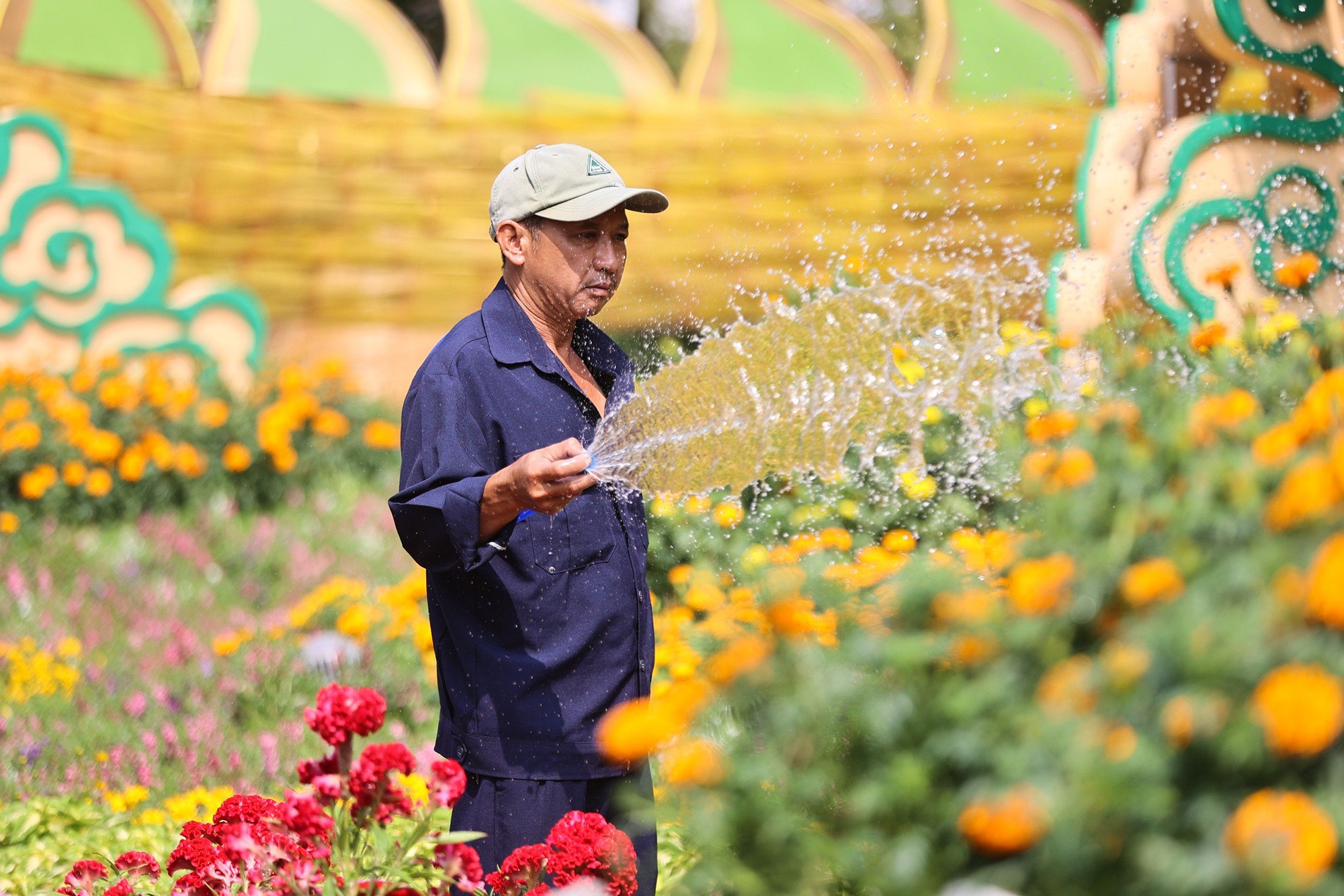 Những chậu hoa được công nhân tưới đều đặn hằng ngày.