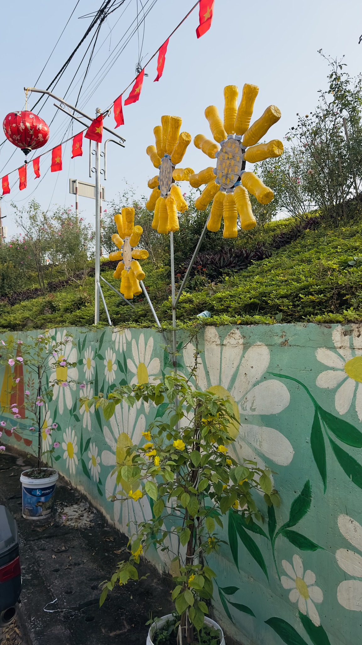 Cùng với chủ đề bảo vệ môi trường trên bích họa, người dân địa phương còn tận dụng các chai nhựa để tạo nên bông hoa hướng dương nhằm truyền tải thông điệp về bảo vệ môi trường.