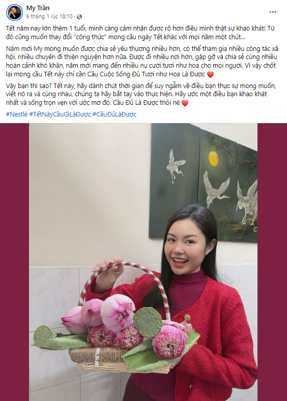 Tài khoản Facebook My Trần chia sẻ lời chúc “Cầu Đủ Là Được” ý nghĩa cho năm mới. Ảnh: Sưu tầm