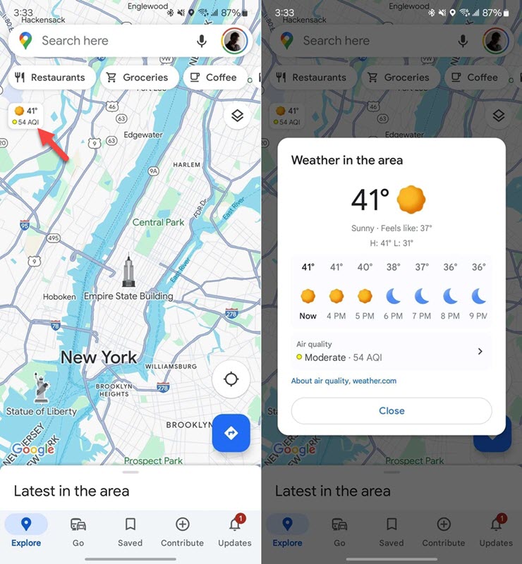 Thông tin thời tiết đã hiển thị trực tiếp trên ứng dụng Google Maps cho Android.