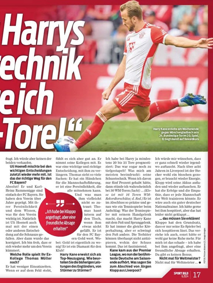 Miroslav Klose ca ngợi kỹ năng sút của Kane trên tờ Sport Bild
