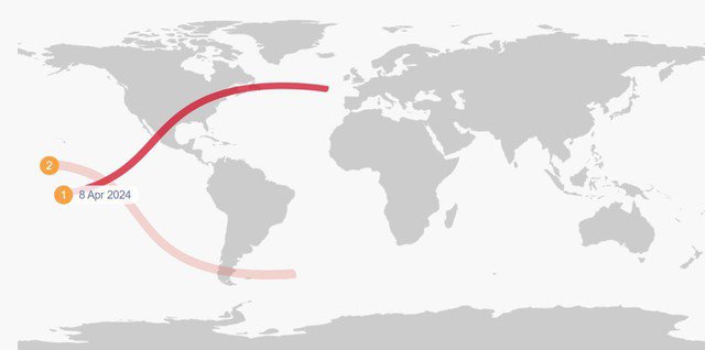 Dải trung tâm (màu đỏ) của nhật thực toàn phần ngày 8-4 và nhật thực hình khuyên 2-10