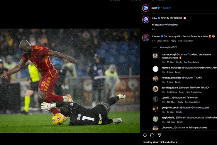 Tài khoản Instagram của Inter đăng hình Lukaku bị Sommer cản lại, và Thuram bày tỏ sự hài lòng với màn trêu tức trên mạng này