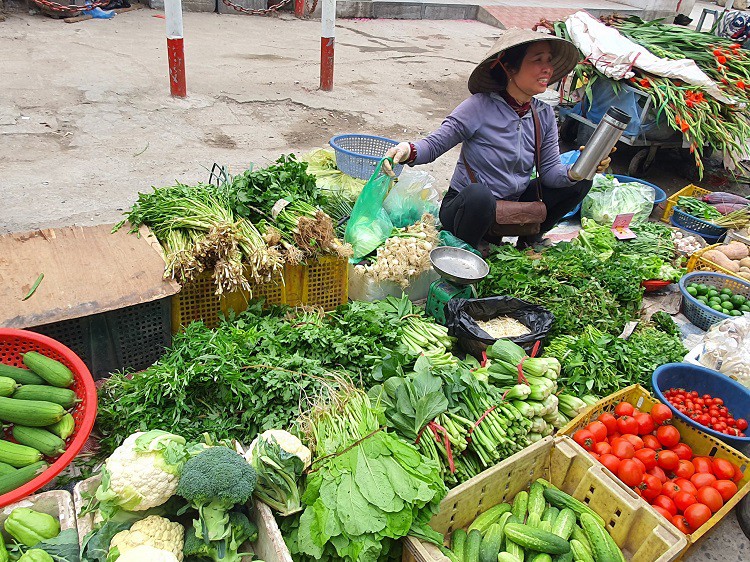 Do quá vắng khách, nhiều người phải mang rau từ trong chợ ra ngoài đường bán.