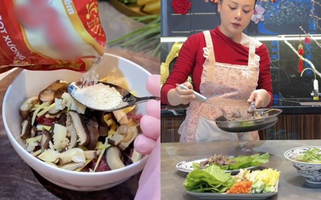 Với món bò, Phương Oanh thái miếng thịt vừa phải rồi ướp với gừng thái sợi, nấm hương và hạt nêm. Sau đó đảo đều trên chảo và bày ra đĩa, ăn cuốn với rau cải và củ quả là chuối xanh, dứa, dưa chuột, cà rốt
