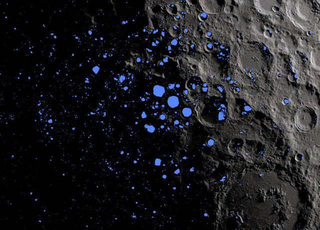 Các vùng bị che khuất vĩnh viễn (được hiển thị bằng màu xanh lam) bao phủ khoảng 3% cực nam của mặt trăng và có thể là nơi chứa nước đóng băng. Ảnh: Smithsonian Magazine