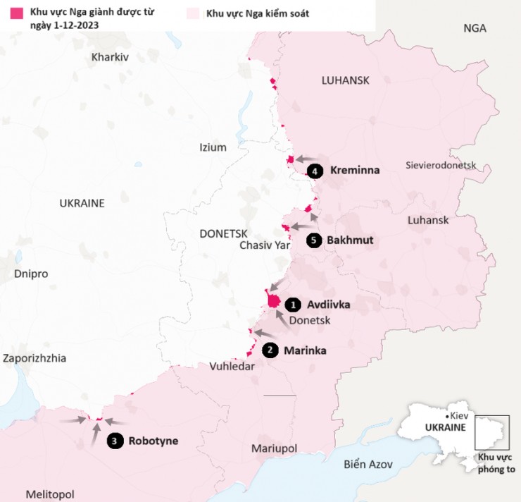 5 hướng tấn công chính của Nga trên chiến trường Ukraine. Nguồn: THE NEW YORK TIMES