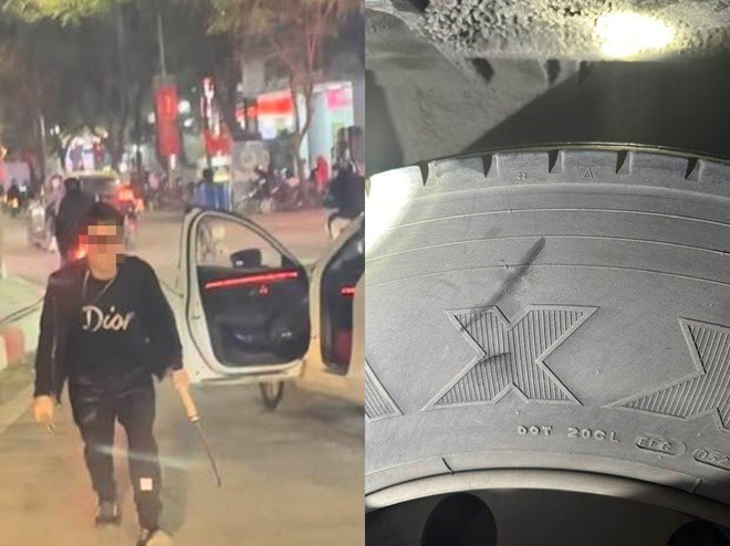 Hình ảnh Nguyễn Lê Tuấn Đức dùng dao chém lốp xe trên mạng xã hội