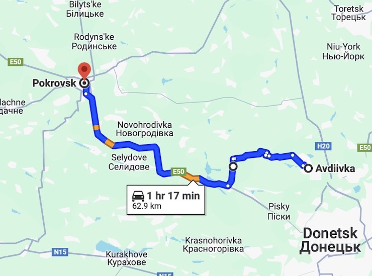 Thành phố Pokrovsk cách Avdiivka khoảng 60km.
